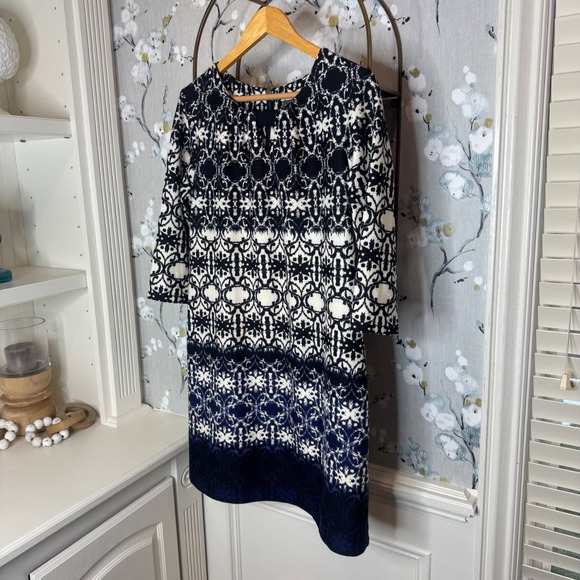 Taylor Womens Navy White Geometric Ombre 3/4 Sleeve Shift Dress Size 10 - Picture 2 of 9